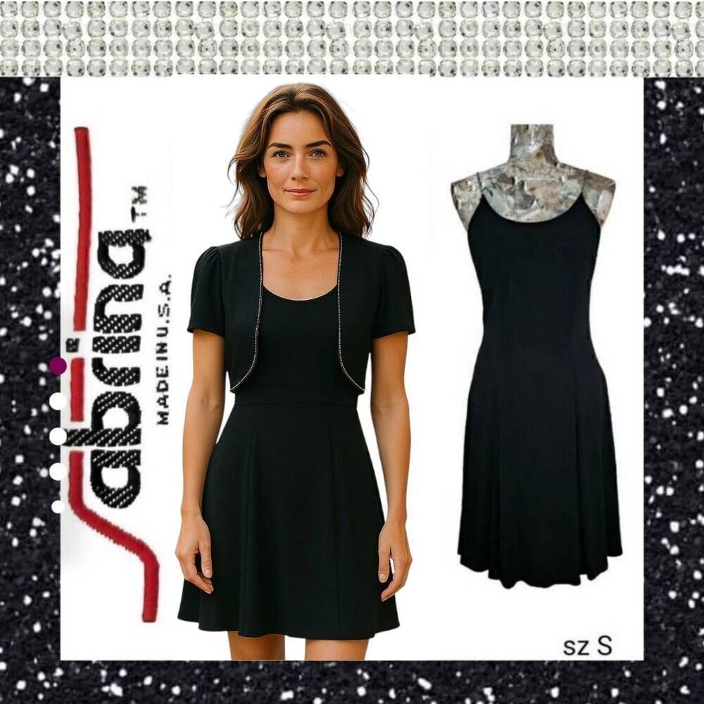 Black Rhinestone Cocktail Party Dance Skater Dress w Cropped Jacket